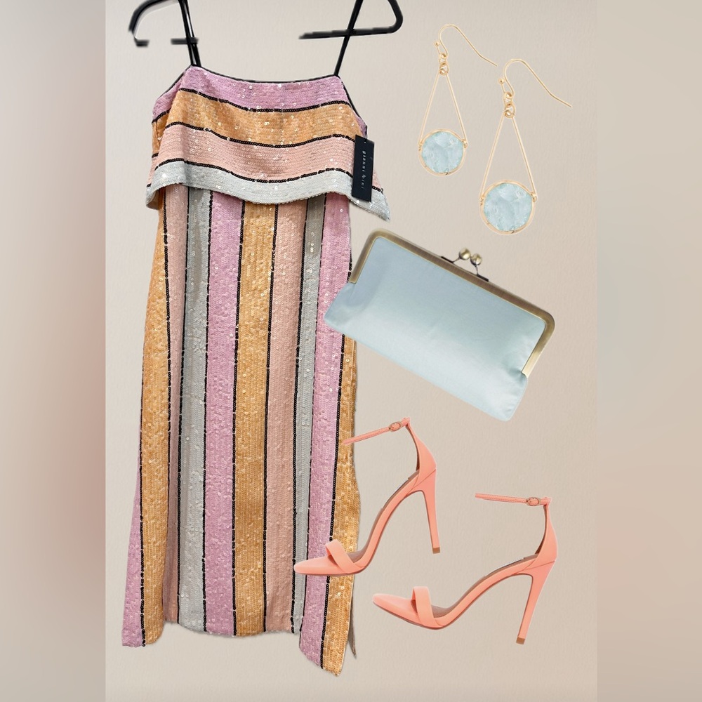 Gianni Bini Halston Multi-color Pastel Sequin Striped Cocktail Midi Dress
